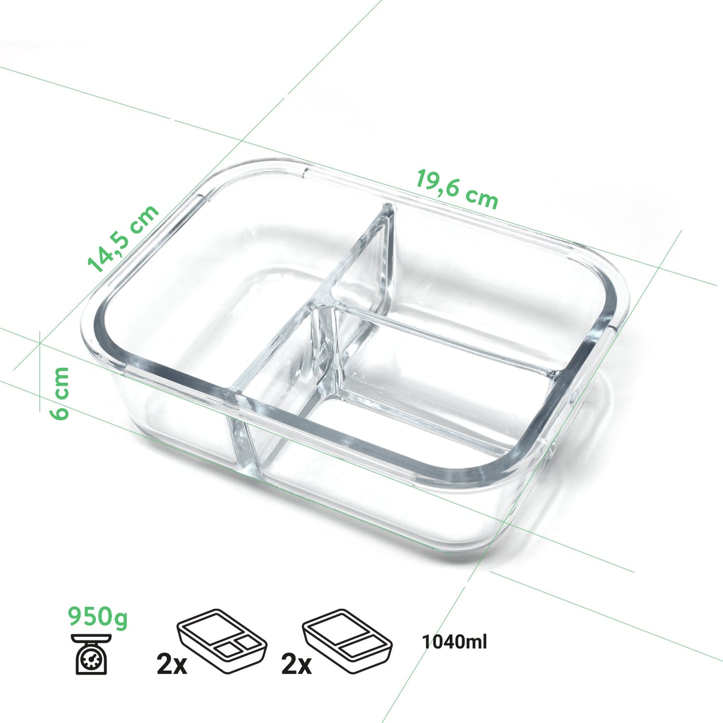 Meal Prep Frischhaltedosen aus Glas 2er Set (2er/3er-Teilung)