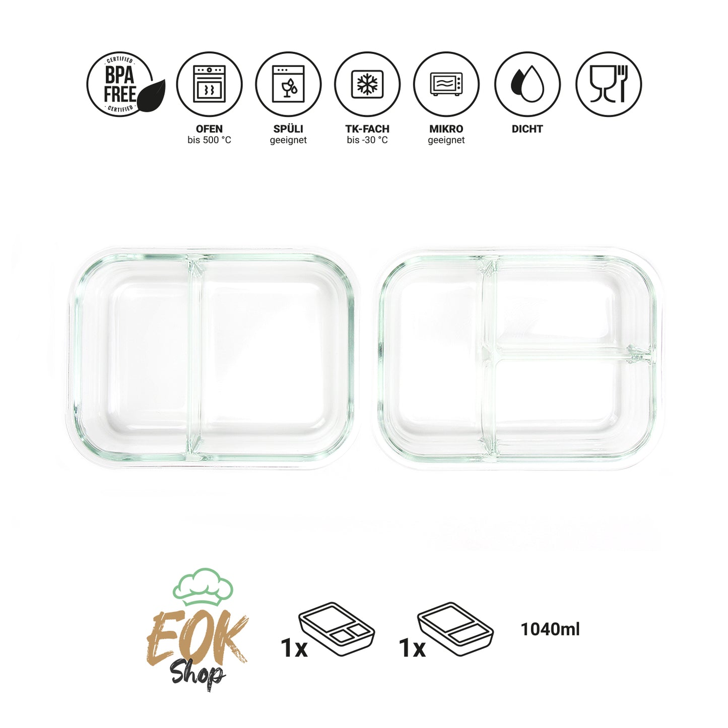 Meal Prep Frischhaltedosen aus Glas 2er Set (2er/3er-Teilung)