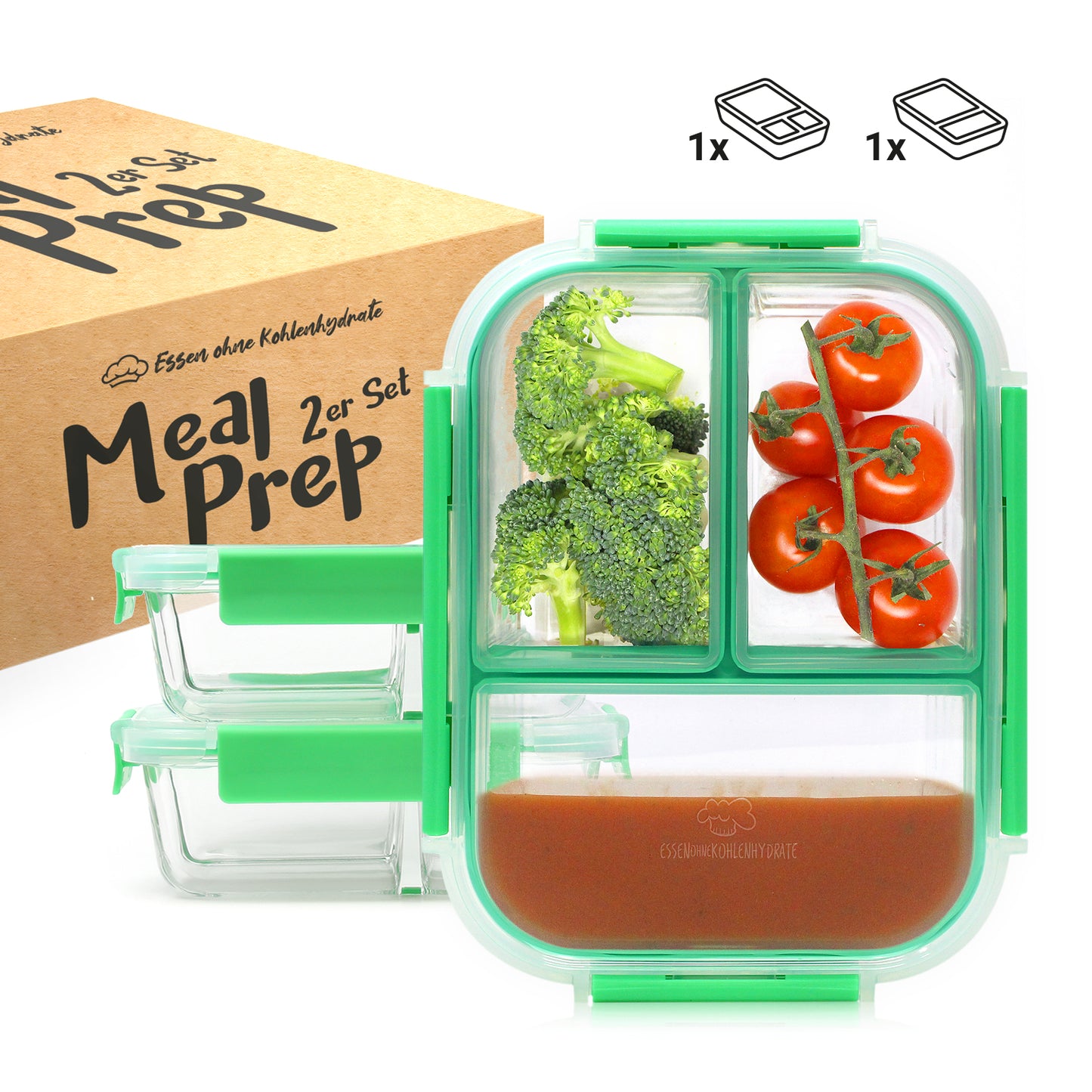 Meal Prep Frischhaltedosen aus Glas 2er Set (2er/3er-Teilung)