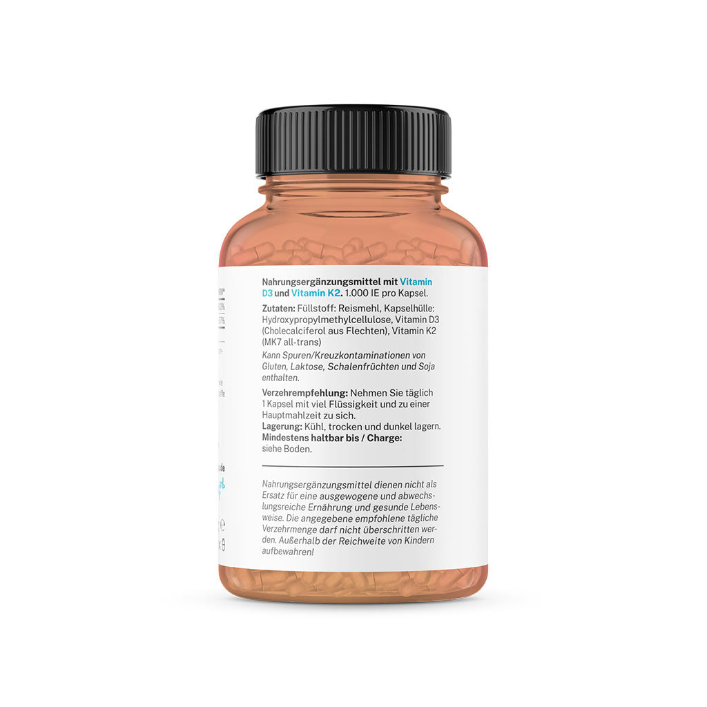 Vitamin D3+K2 (MK7 all-trans) vegan (im Braunglas) (MHD 31.08.2023)