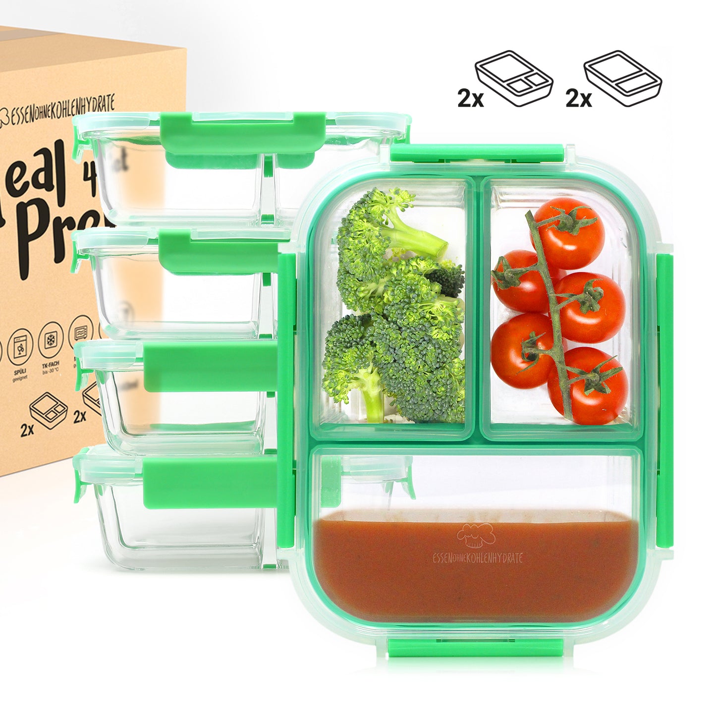 Meal Prep Frischhaltedosen aus Glas 4er Set (2er/3er-Teilung)