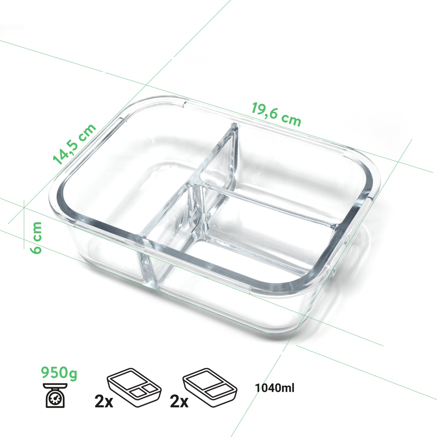 Meal Prep Frischhaltedosen aus Glas 4er Set (2er/3er-Teilung)