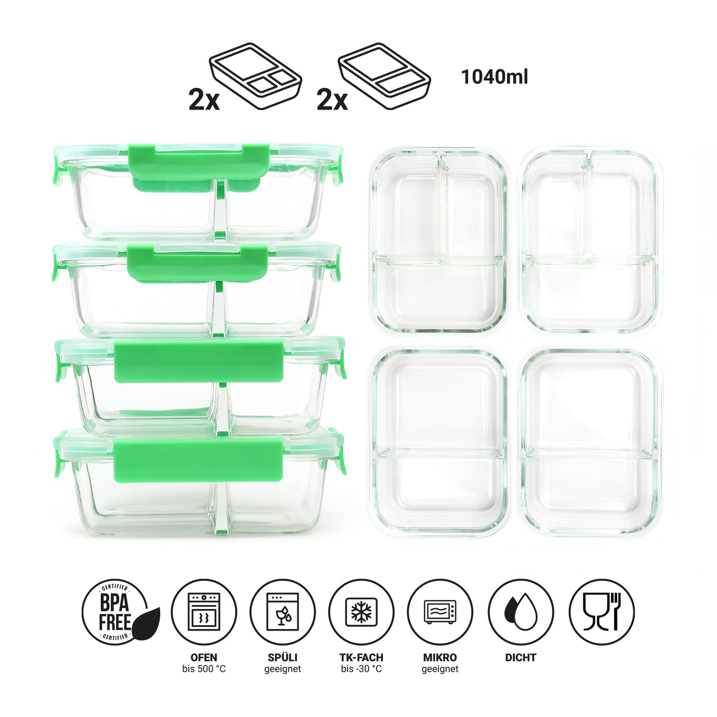 Meal Prep Frischhaltedosen aus Glas 4er Set (2er/3er-Teilung)