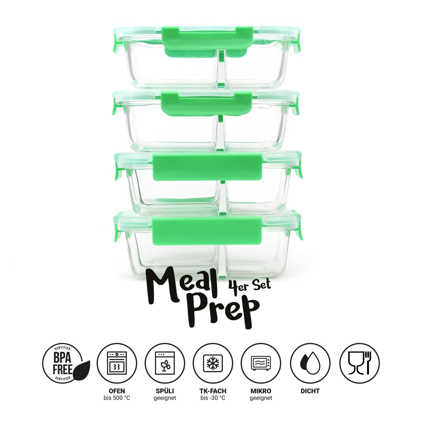 Meal Prep Frischhaltedosen aus Glas 4er Set (2er/3er-Teilung)