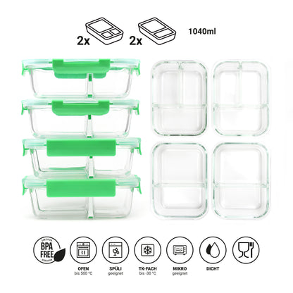 Meal Prep Frischhaltedosen aus Glas 4er Set (2er/3er-Teilung)